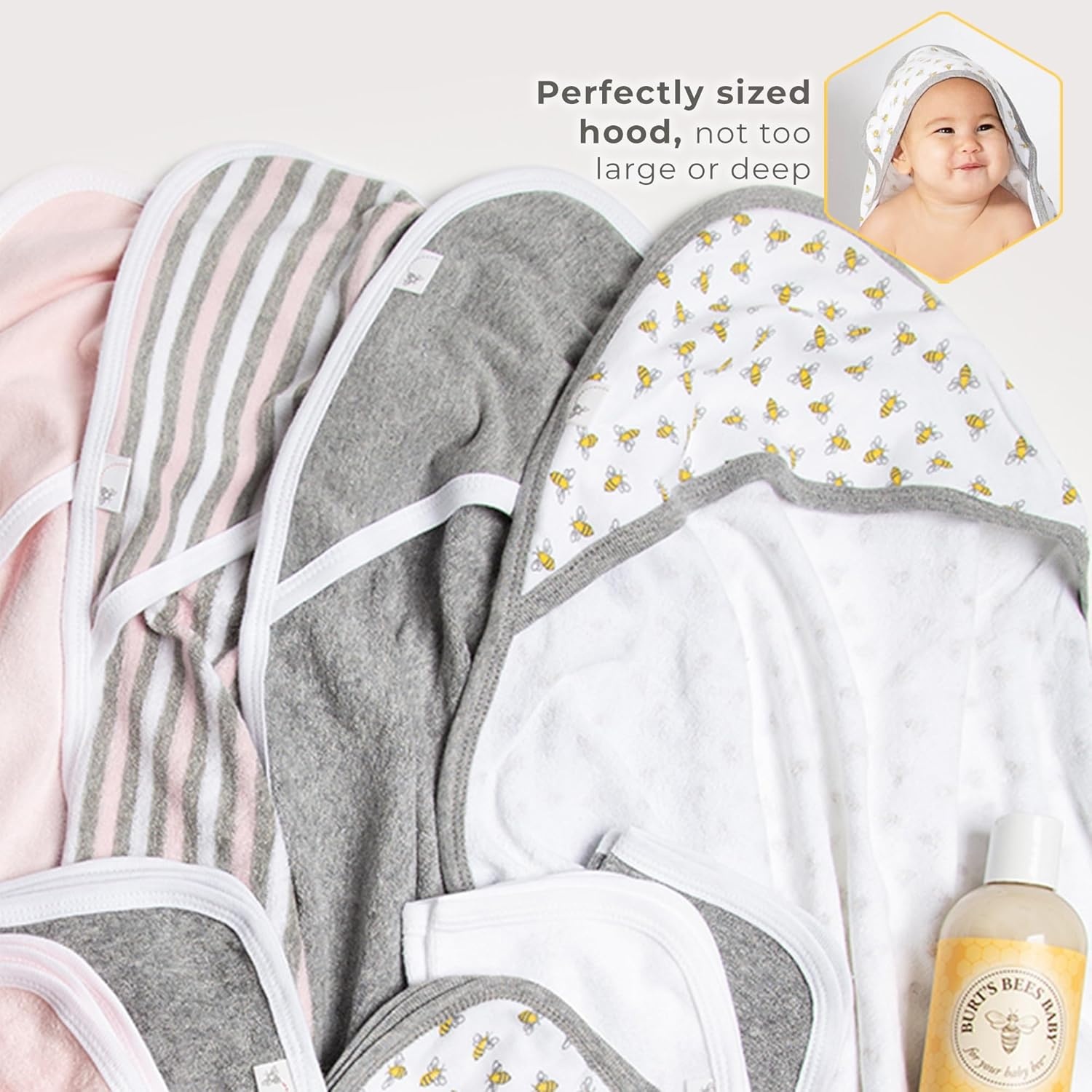 image:imageBurts Bees Baby Infant Hooded Towels Organic Cotton Unisex Bath Essentials Nursery Towel with Hood Set 29 x 29 in 2PackHoneybeeGrey