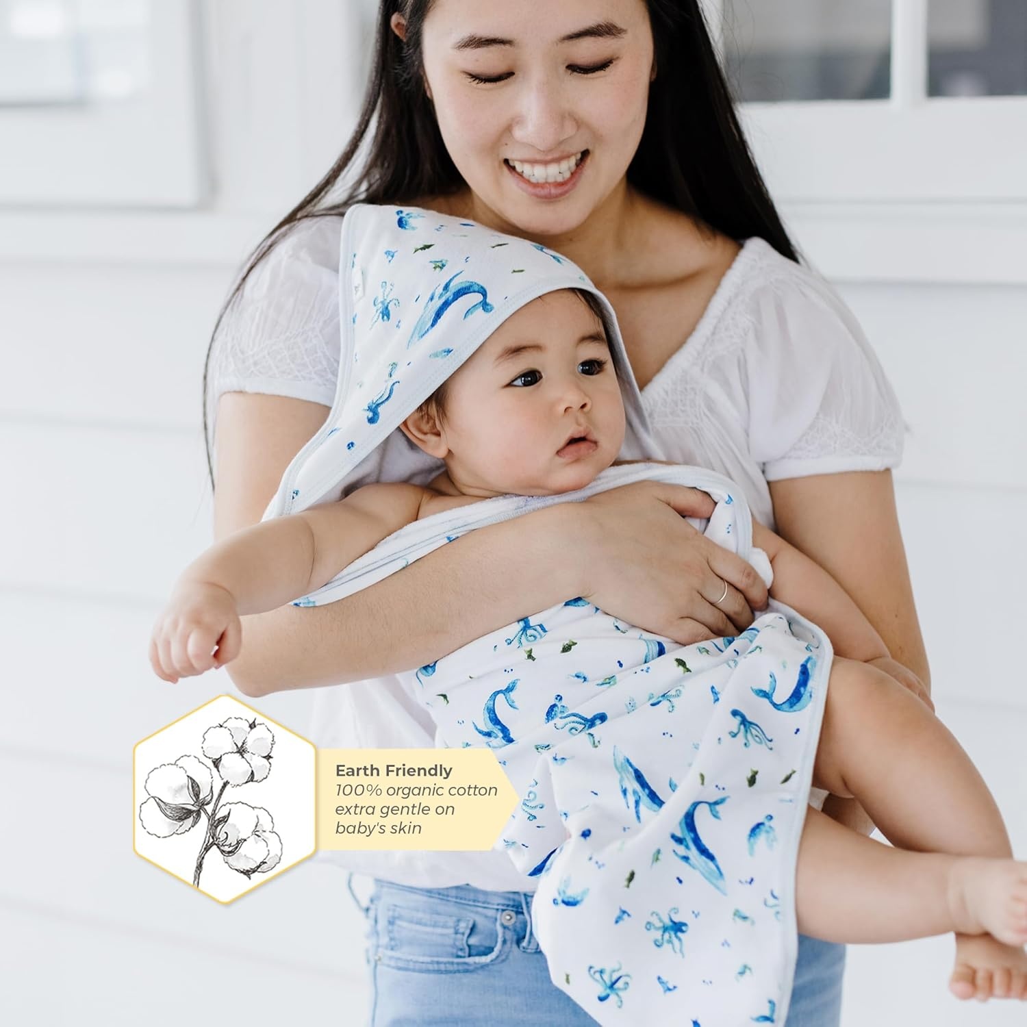 image:imageBurts Bees Baby Infant Hooded Towels Organic Cotton Unisex Bath Essentials Nursery Towel with Hood Set 29 x 29 in 2PackWhale of a Tale