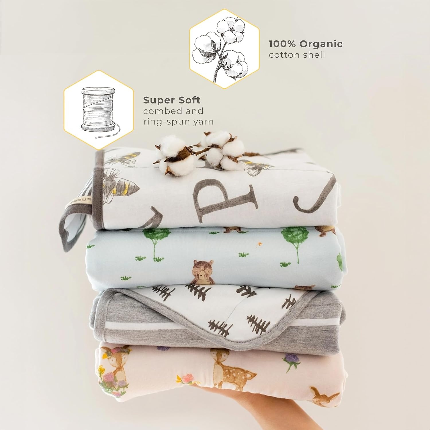 image:imageBurts Bees Baby Infant Reversible Blankets 100 Organic Cotton GOTS Certified ABeeC Prints with Quilting Pattern Soft Nursery Blanket with 100 Polyester Fill for Size 30 x 40 InchPine Forest