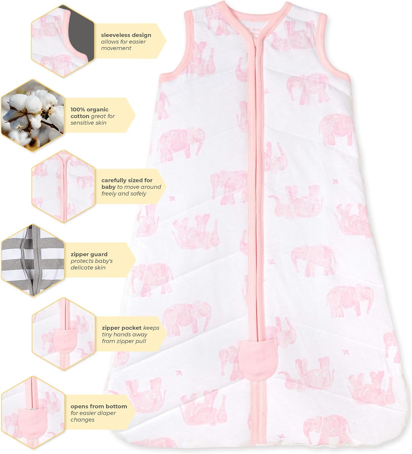 image:imageBurts Bees Baby Infant Wearable Blanket Organic Cotton Unisex Beekeeper Light Weight 05 TOG or Medium Weight 15 TOGQuilted Blossom Elephants