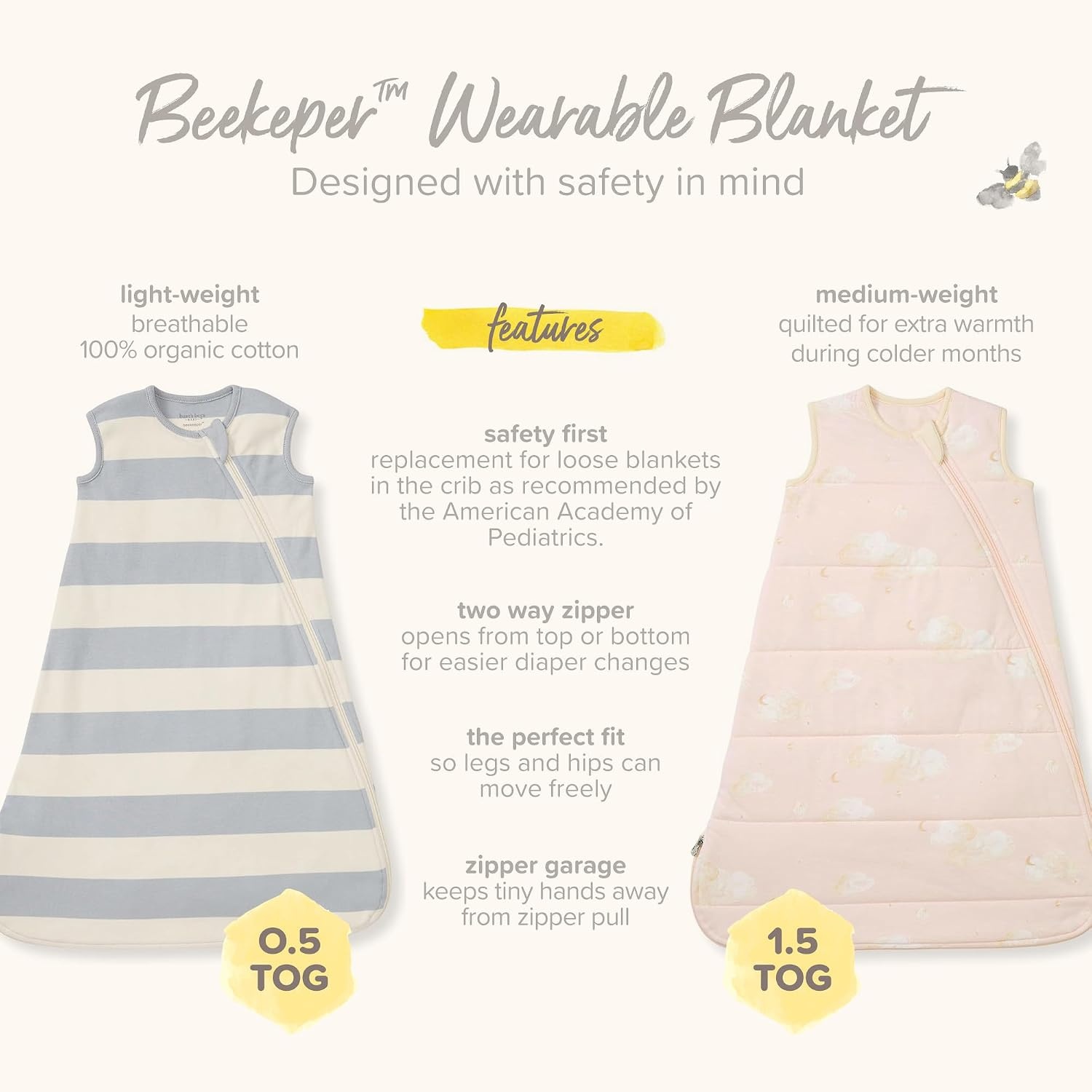 image:imageBurts Bees Baby Organic Beekeeper Infant Wearable Blanket Unisex Swaddle Lightweight 05 TOG or Medium Weight 15 TOGQuilted Golden Bee Pink