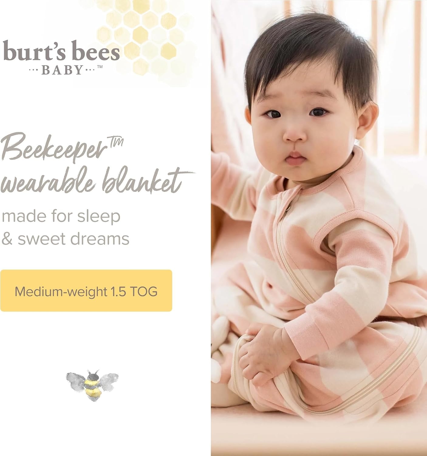 image:imageBurts Bees Baby Organic Beekeeper Infant Wearable Blanket Unisex Swaddle Lightweight 05 TOG or Medium Weight 15 TOGQuilted Golden Bee Pink