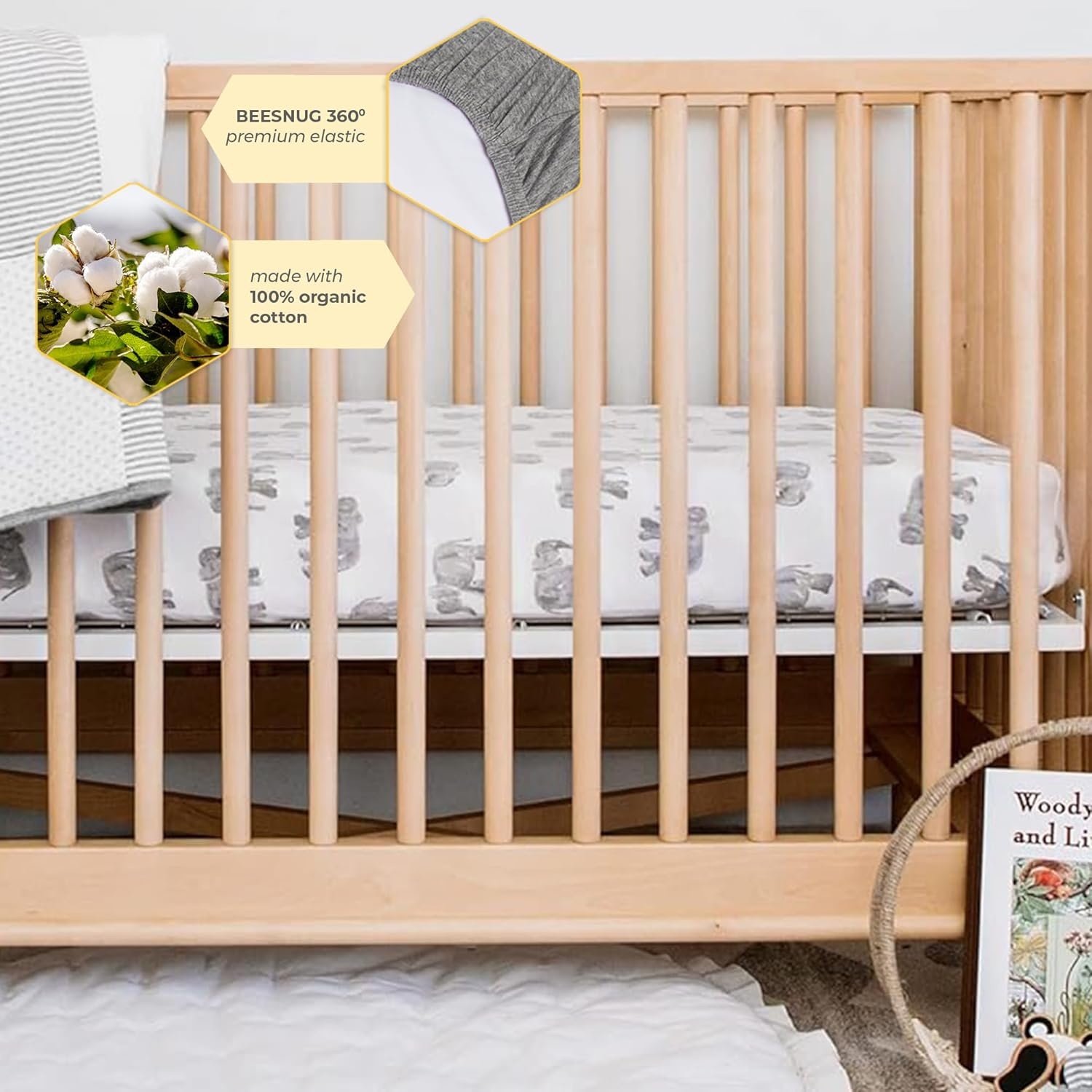 image:imageBurts Bees Baby Organic Cotton Fitted Crib Sheet Breathable Baby Bedding Infant and Toddler Bed Sheet for Boys and GirlsNeutral Elephants