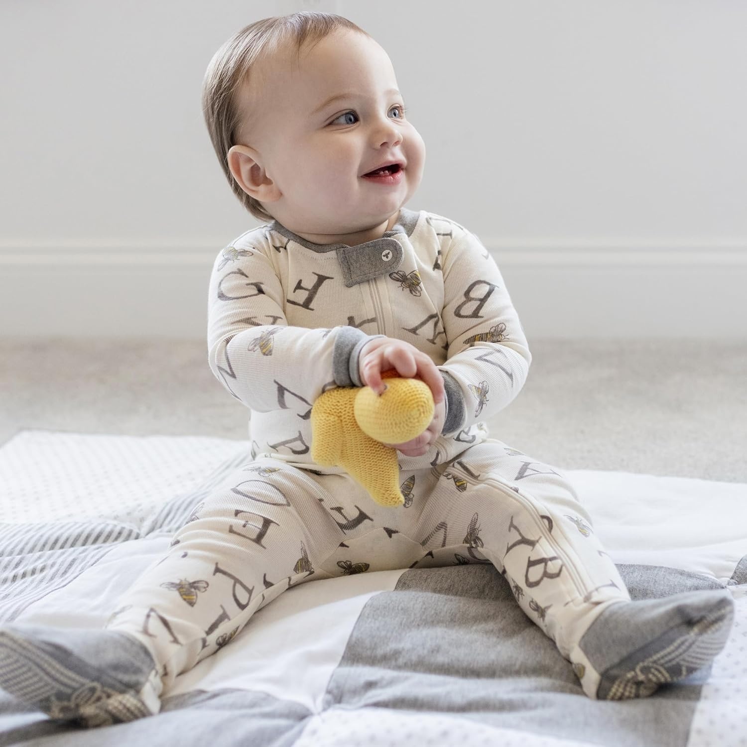 image:imageBurts Bees Baby Organic Cotton Footed Pajamas for Boys Zipper PJ Sleeper Snug Fit Sleepwear with NonSlip Bee GripsA Bee CStripe