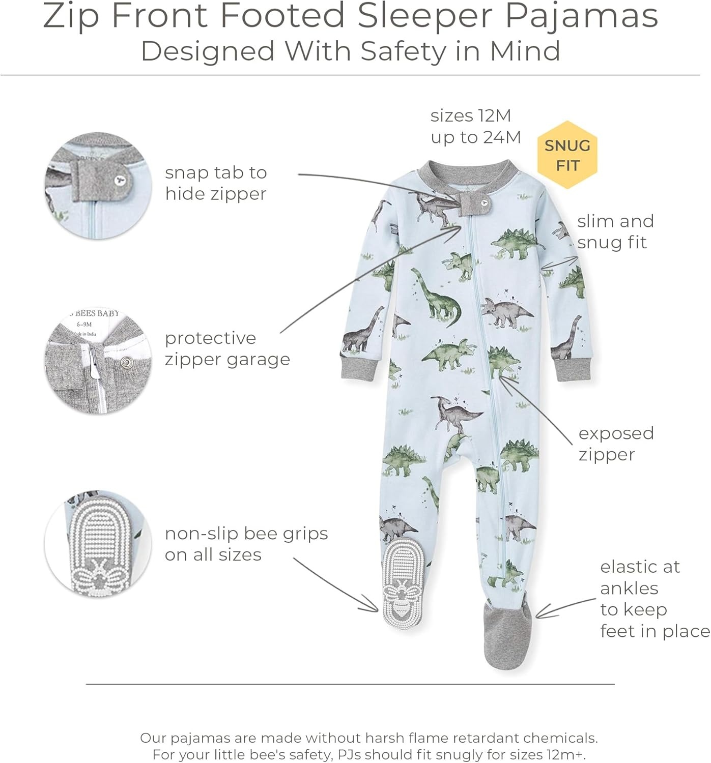image:imageBurts Bees Baby Organic Cotton Footed Pajamas for Boys Zipper PJ Sleeper Snug Fit Sleepwear with NonSlip Bee GripsHappy Herbivores
