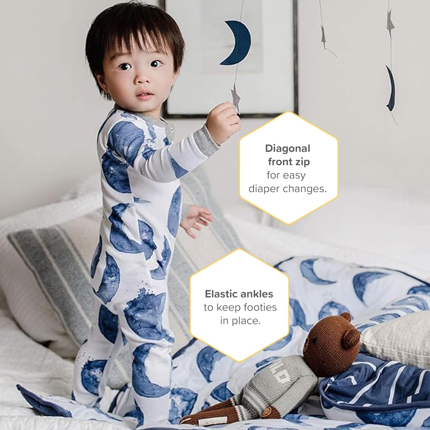 image:imageBurts Bees Baby Organic Cotton Footed Pajamas for Boys Zipper PJ Sleeper Snug Fit Sleepwear with NonSlip Bee GripsIndigo Hello Moon