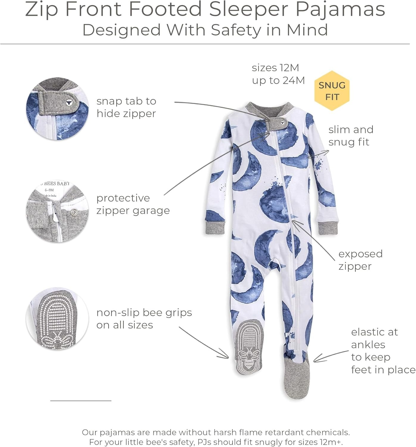 image:imageBurts Bees Baby Organic Cotton Footed Pajamas for Boys Zipper PJ Sleeper Snug Fit Sleepwear with NonSlip Bee GripsIndigo Hello Moon