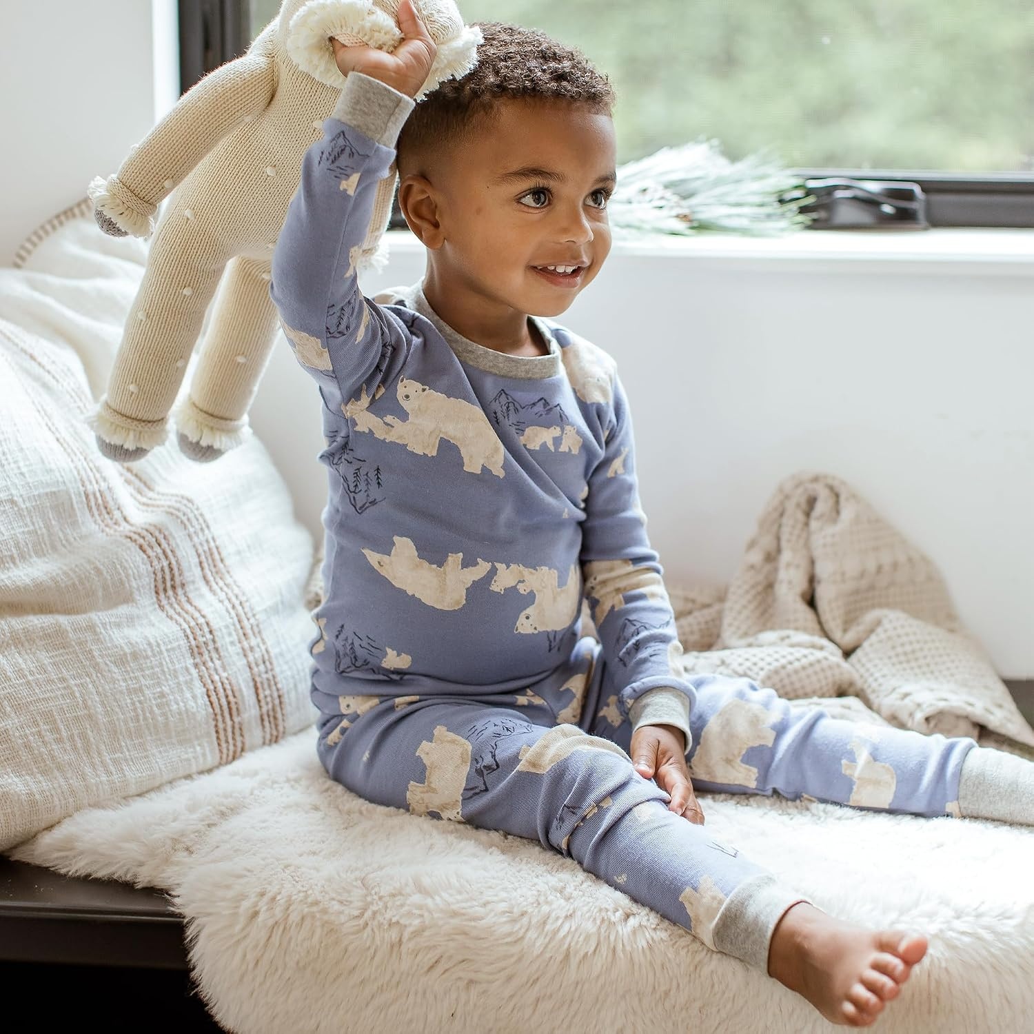 image:imageBurts Bees Baby Organic Cotton Pajamas for Boys 100 Cotton Pajama Set for Toddlers and Kids Soft and Stretchable FabricPolar Mountain Blue