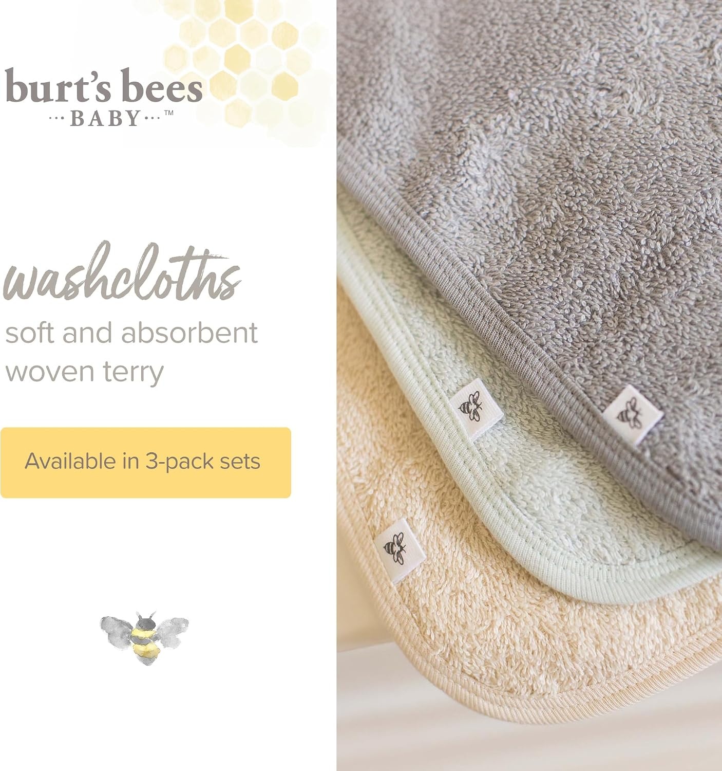 image:imageBurts Bees Baby Washcloths for Infants 100 Organic Cotton Soft and Absorbent Knit Terry Face Towel 9 x 9 in 3PackGolden Bee