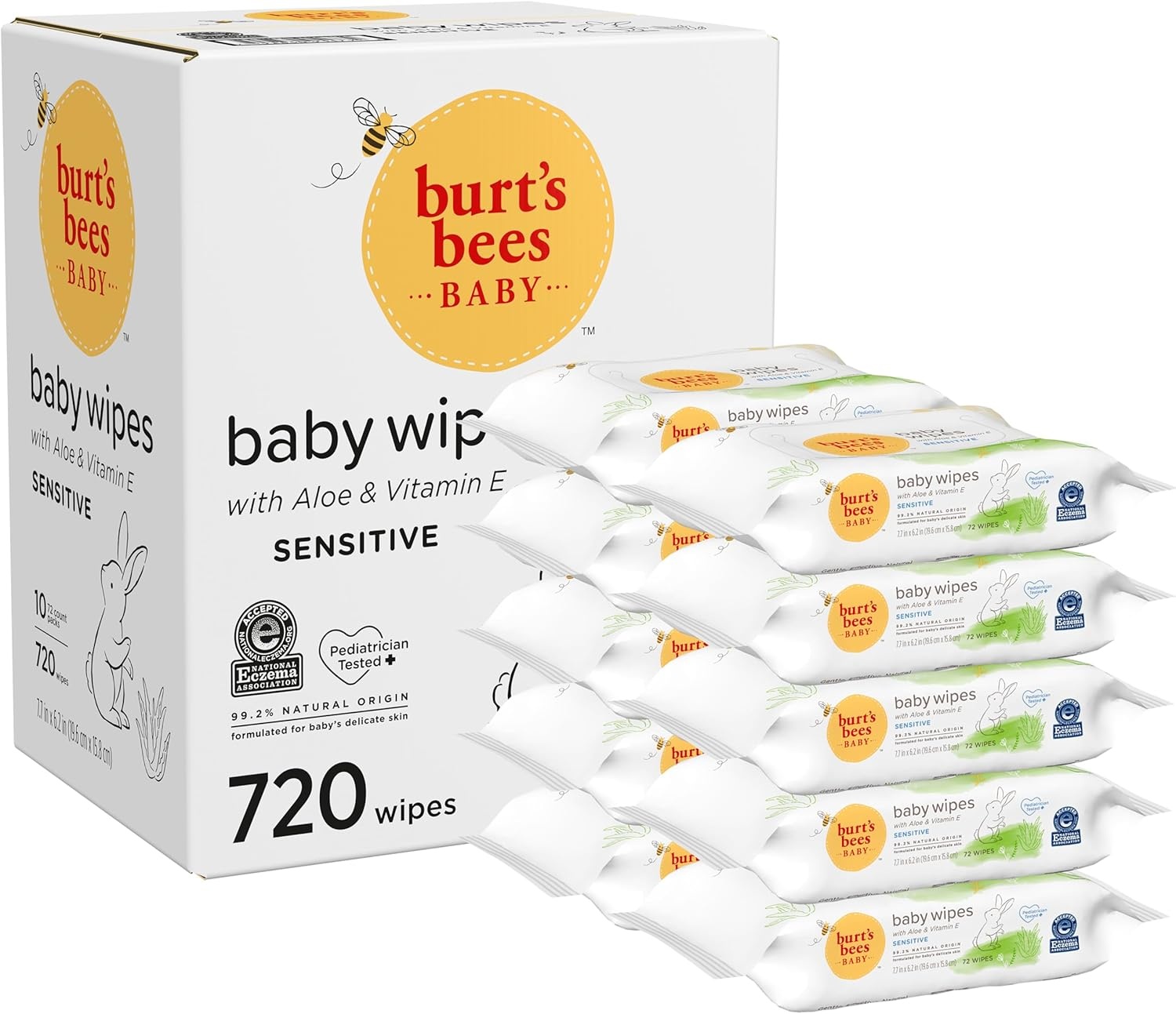 image:imageBurts Bees Baby Wipes Unscented Natural for Sensitive Skin with Aloe and Vitamin E 72 Baby Wipes 10 PackUnscented