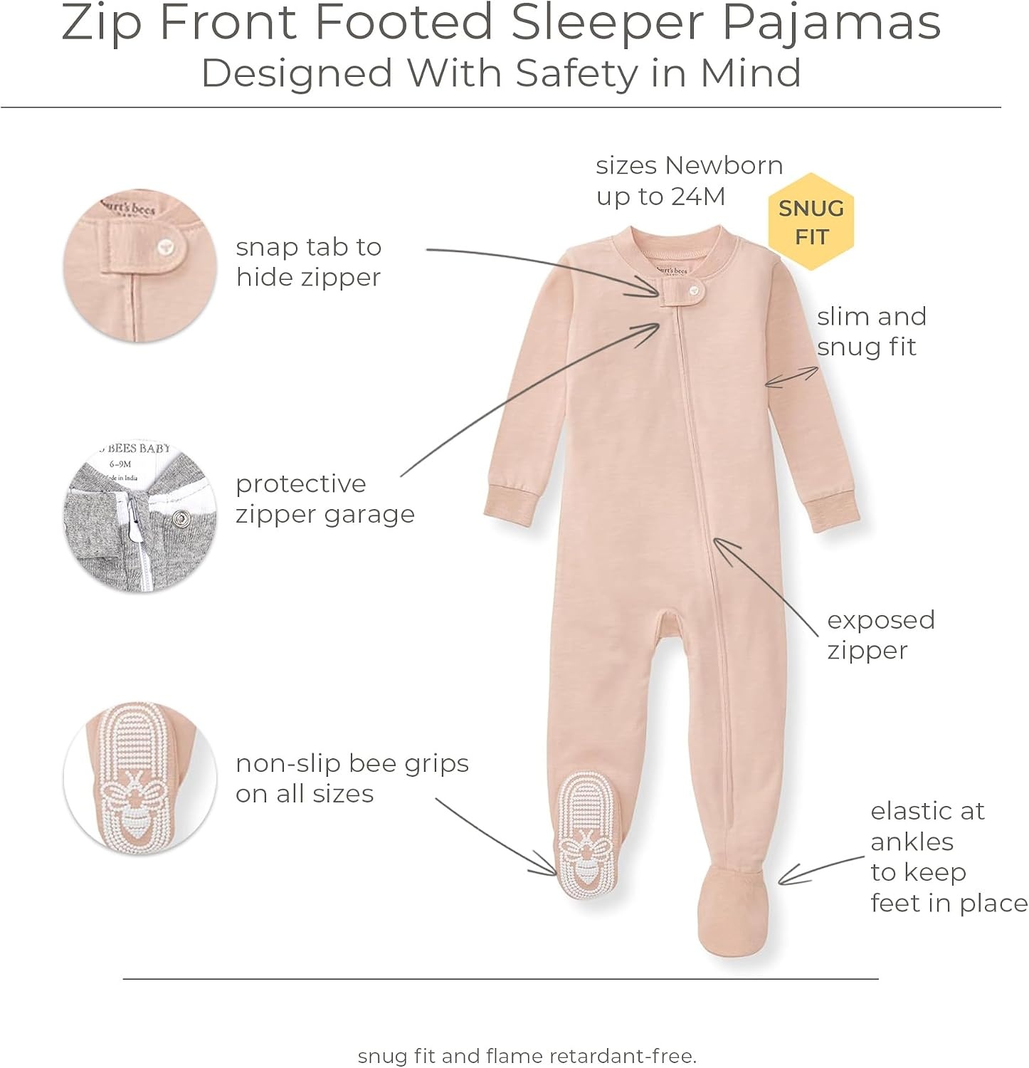 image:imageBurts Bees Baby unisexbaby Honeysoft Sleeper Pajamas Zip Front Nonslip Footed Footie Pjs Organic Cotton amp LyocellApple Jersey Slub