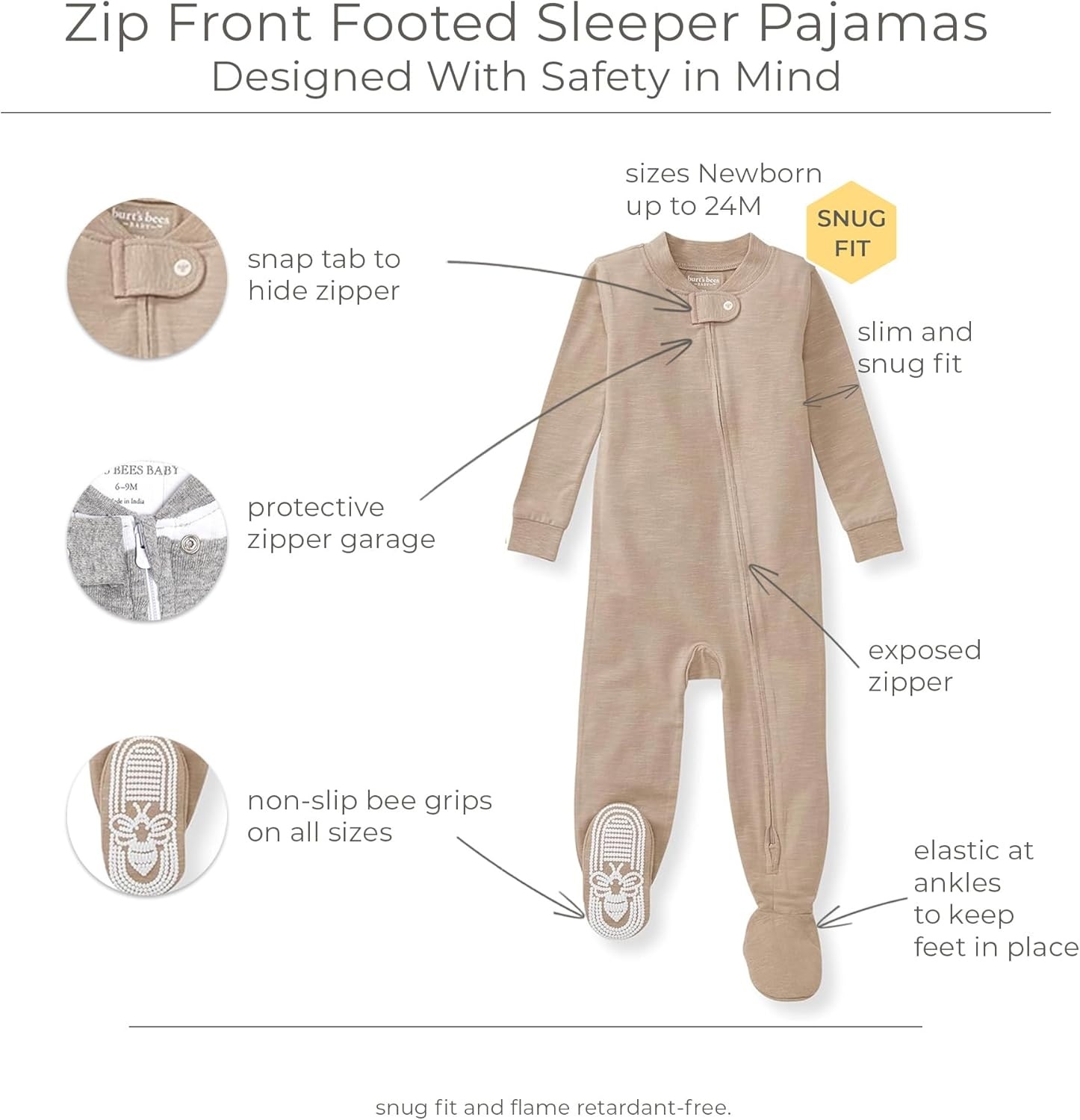 image:imageBurts Bees Baby unisexbaby Honeysoft Sleeper Pajamas Zip Front Nonslip Footed Footie Pjs Organic Cotton amp LyocellTan Jersey Slub