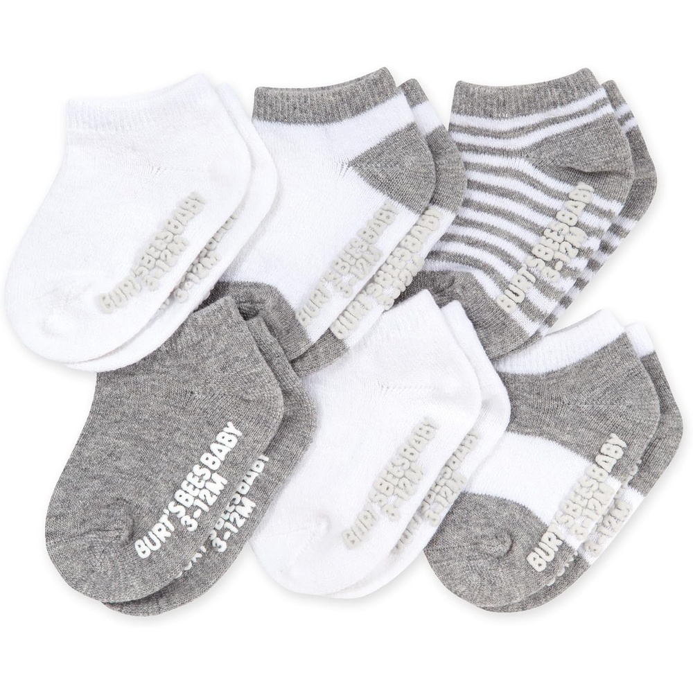 image:imageBurts Bees Baby Baby Girls Ankle Socks with NonSlip Grips Organic Soft Cotton Toddler Socks Baby Essential 6PackHeather Grey Multi