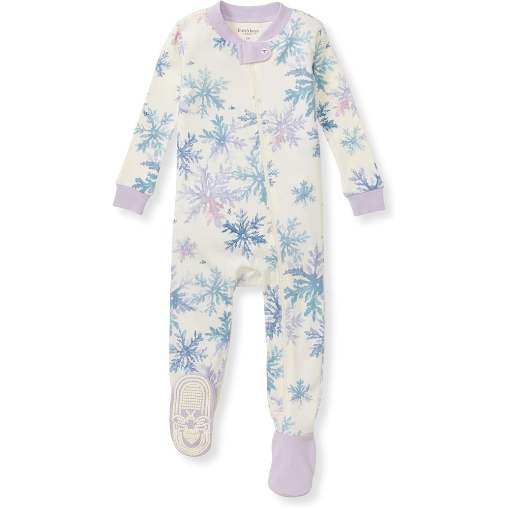 image:imageBurts Bees Baby Baby Girls Sleeper Pajamas 100 Organic Cotton Onepiece PJs Diagonal Zip Up Jumpsuit Snug Fit FootieSnowflake Flurries