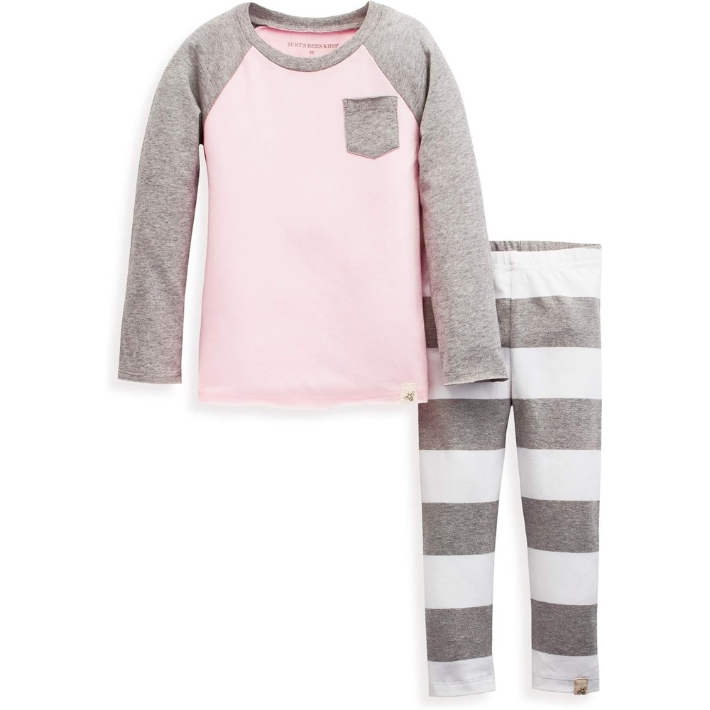 image:imageBurts Bees Baby Baby Girls Top and Pant Set Tunic and Leggings Bundle 100 Organic CottonPink TunicGrey Rugby Stripe Leggings