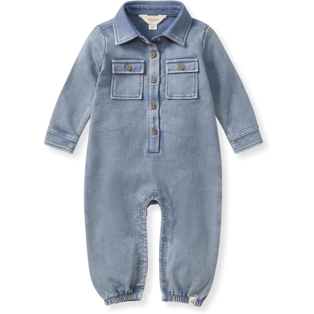 image:imageBurts Bees Baby Boys Jumpsuit 100 Organic Cotton Onepiece Long Sleeve Button Down CoverallFlint Acid Wash