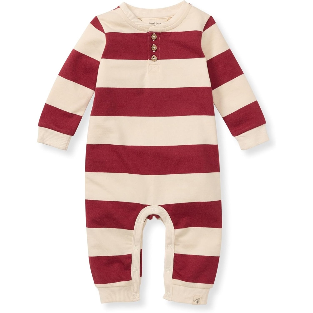 image:imageBurts Bees Baby Boys Jumpsuit 100 Organic Cotton Onepiece Long Sleeve CoverallRedwood Henley