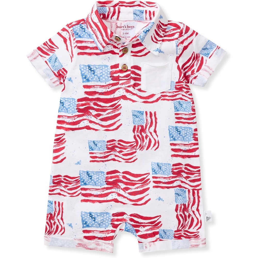 image:imageBurts Bees Baby Boys Polo Romper 100 Organic Cotton Onepiece Shortall and Layette SetMagestic Flags