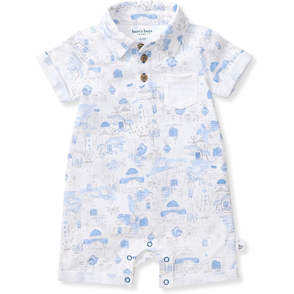 image:imageBurts Bees Baby Boys Polo Romper 100 Organic Cotton Onepiece Shortall and Layette SetSantorini