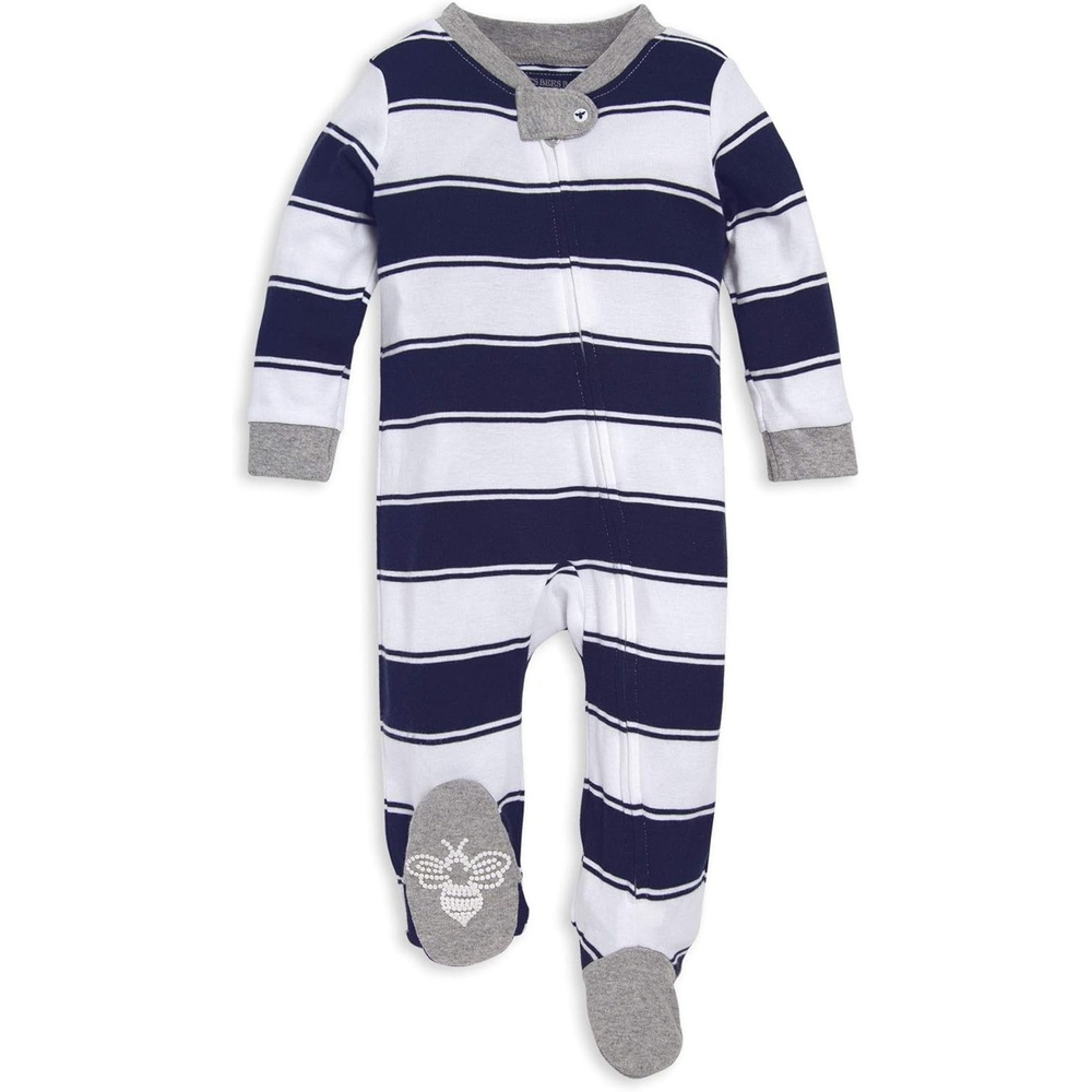 image:imageBurts Bees Baby Boys Sleep and Play PJs 100 Organic Cotton OnePiece Zip Front Romper Jumpsuit PajamasNavy Rugby Stripe