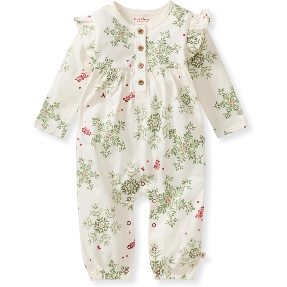 image:imageBurts Bees Baby Girls Ruffle Jumpsuit 100 Organic Cotton OnePiece Long Sleeve Outfit CoverallHoliday Snowflakes