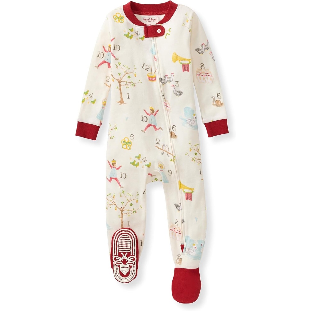 image:imageBurts Bees Baby Girls Sleeper Pajamas 100 Organic Cotton Onepiece PJs Diagonal Zip Up Jumpsuit Snug Fit Footie12 Days of Christmas