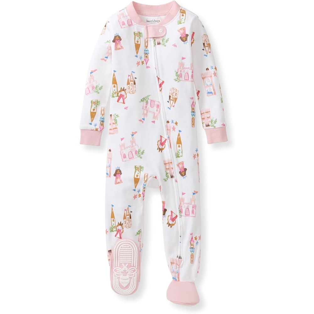 image:imageBurts Bees Baby Girls Sleeper Pajamas 100 Organic Cotton Onepiece PJs Diagonal Zip Up Jumpsuit Snug Fit FootieFairytale Castle
