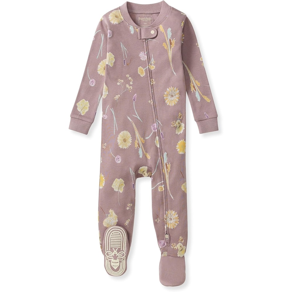 image:imageBurts Bees Baby Girls Sleeper Pajamas 100 Organic Cotton Onepiece PJs Diagonal Zip Up Jumpsuit Snug Fit FootieFlowers of the Valley 1pack