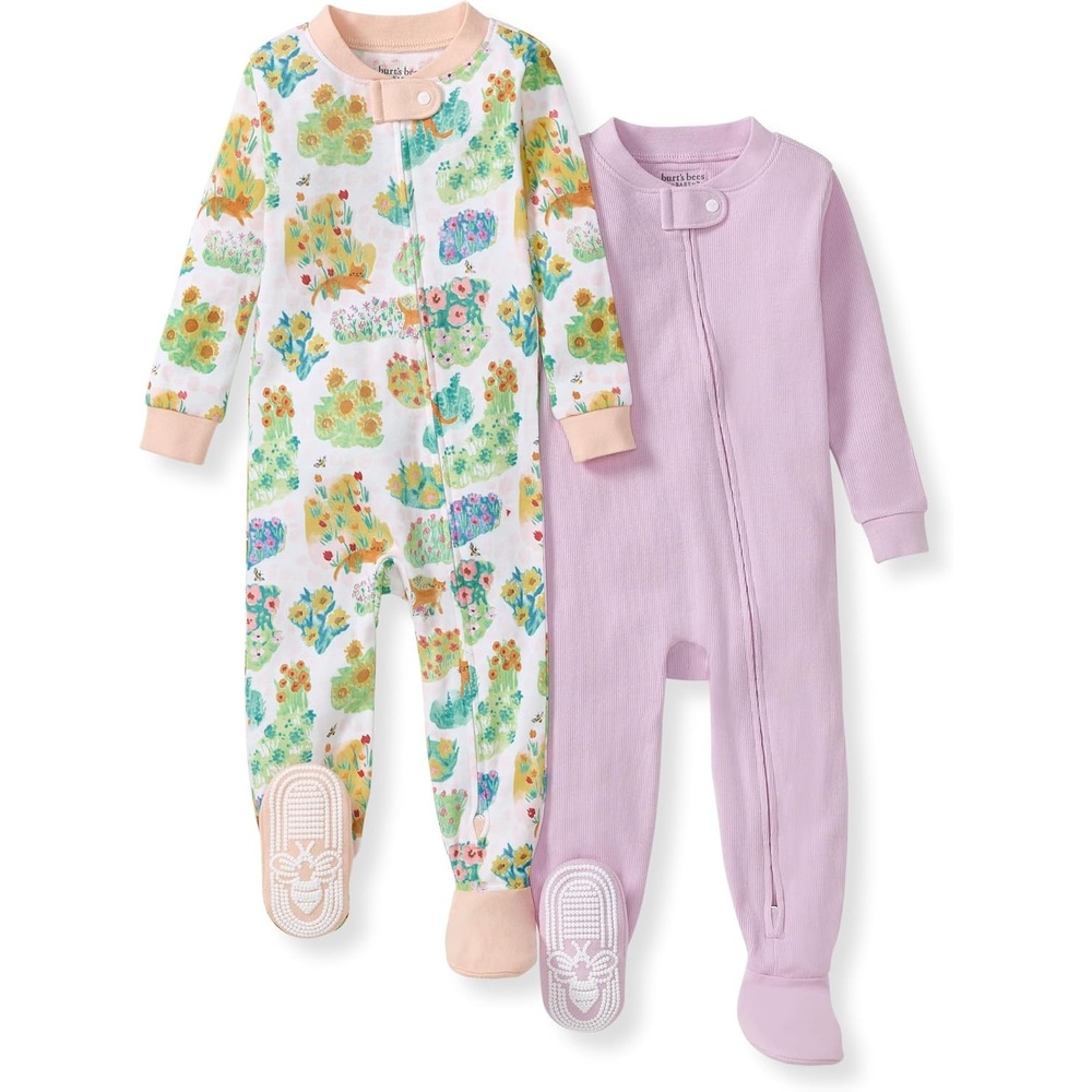 image:imageBurts Bees Baby Girls Sleeper Pajamas 100 Organic Cotton Onepiece PJs Diagonal Zip Up Jumpsuit Snug Fit FootieGarden Paths