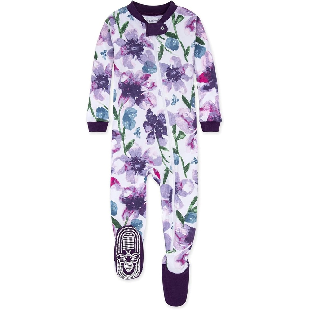 image:imageBurts Bees Baby Girls Sleeper Pajamas 100 Organic Cotton Onepiece PJs Diagonal Zip Up Jumpsuit Snug Fit FootiePurple Watercolor Daylily
