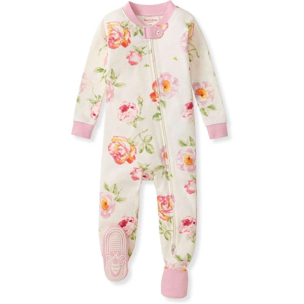 image:imageBurts Bees Baby Girls Sleeper Pajamas 100 Organic Cotton Onepiece PJs Diagonal Zip Up Jumpsuit Snug Fit FootieRose Garden  1pack