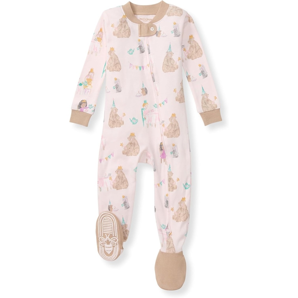 image:imageBurts Bees Baby Girls Sleeper Pajamas 100 Organic Cotton Onepiece PJs Diagonal Zip Up Jumpsuit Snug Fit FootieTea Time