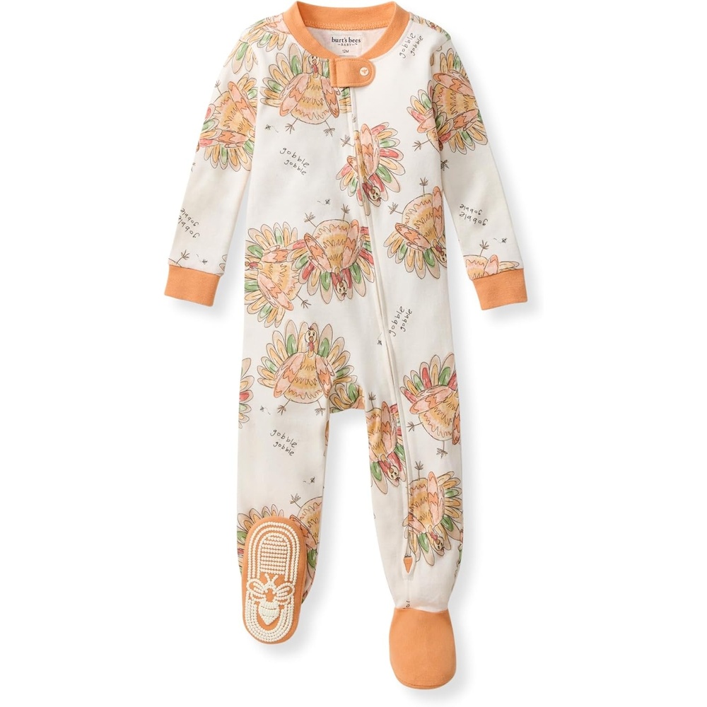 image:imageBurts Bees Baby Girls Sleeper Pajamas 100 Organic Cotton Onepiece PJs Diagonal Zip Up Jumpsuit Snug Fit FootieVivid Turkey