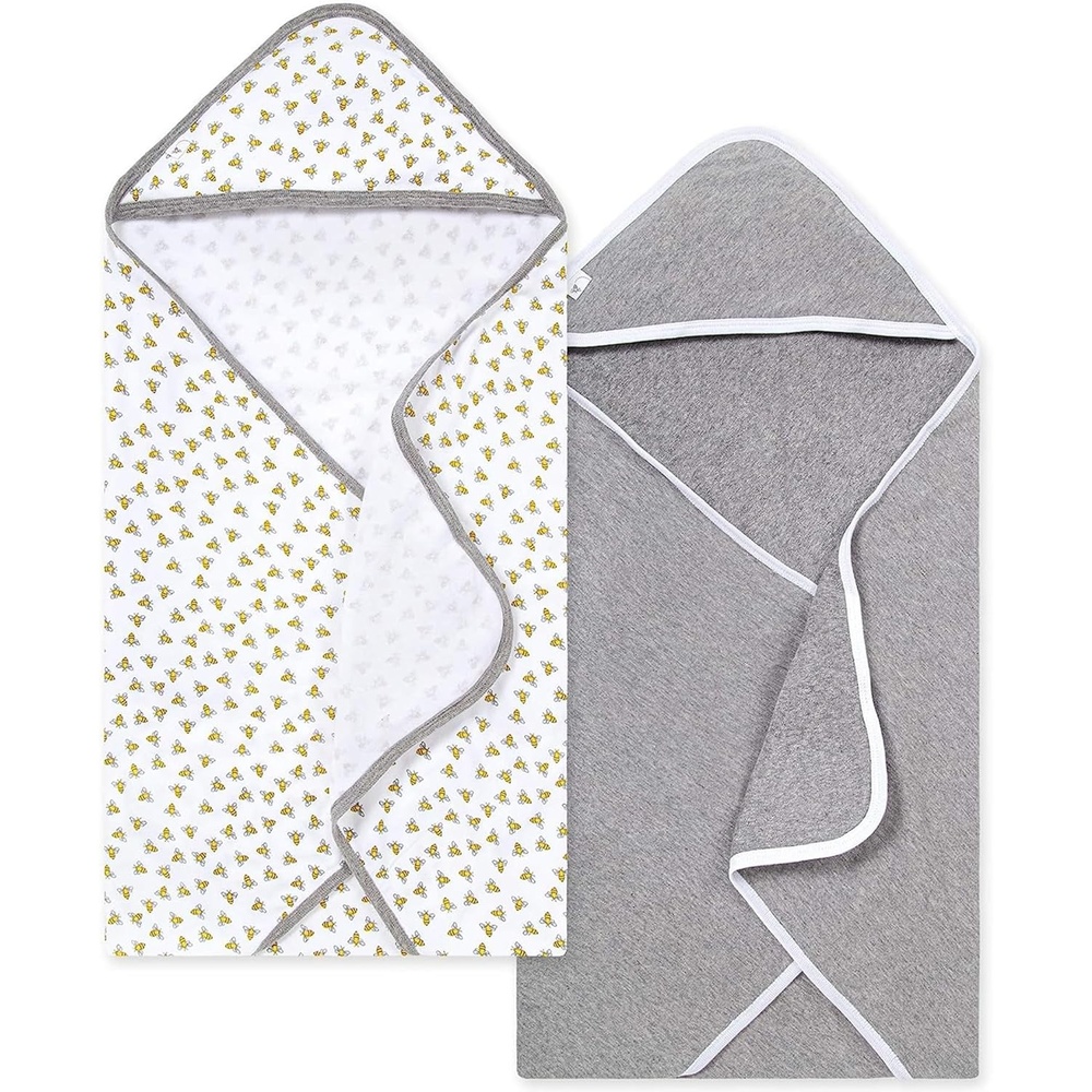 image:imageBurts Bees Baby Infant Hooded Towels Organic Cotton Unisex Bath Essentials Nursery Towel with Hood Set 29 x 29 in 2PackHoneybeeGrey