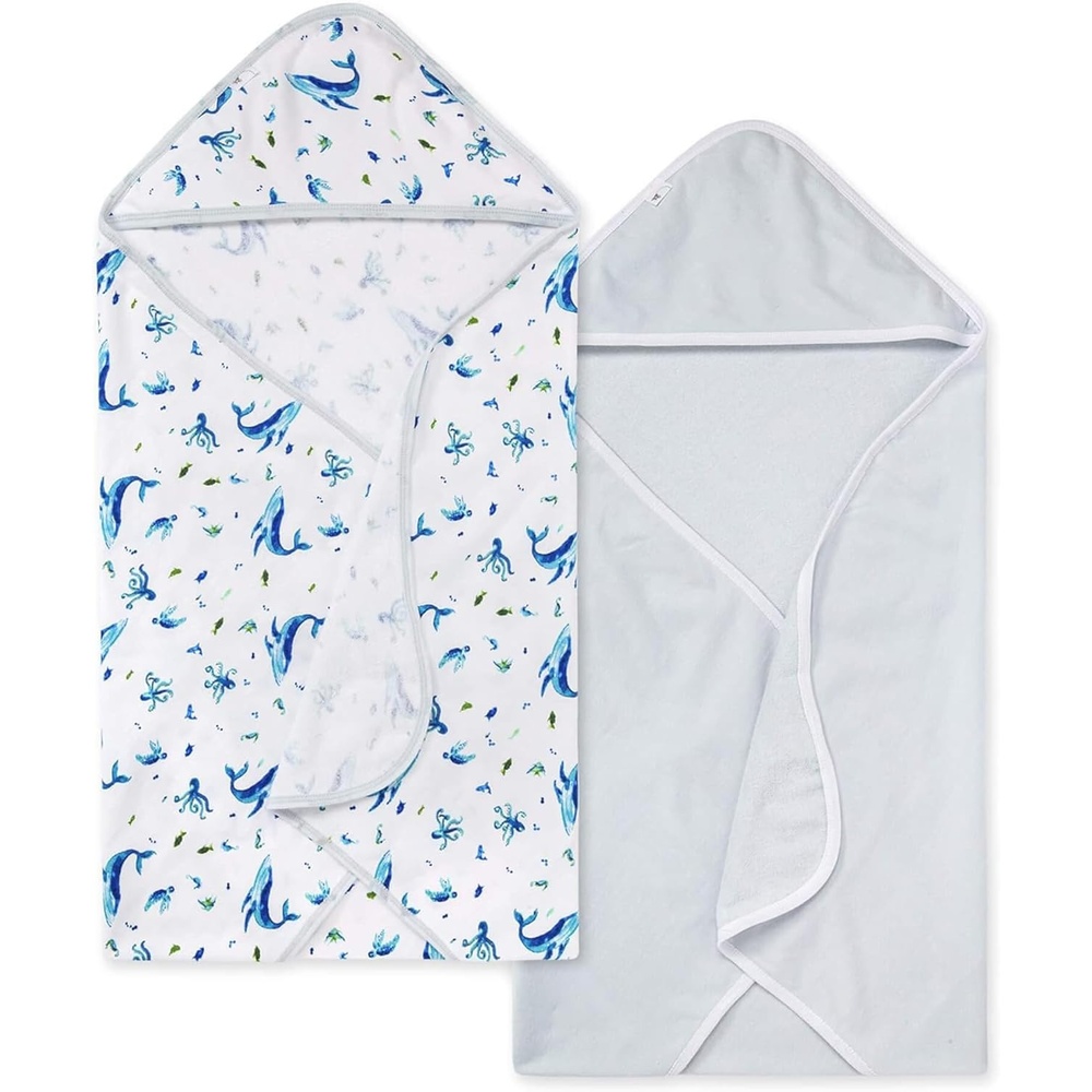 image:imageBurts Bees Baby Infant Hooded Towels Organic Cotton Unisex Bath Essentials Nursery Towel with Hood Set 29 x 29 in 2PackWhale of a Tale