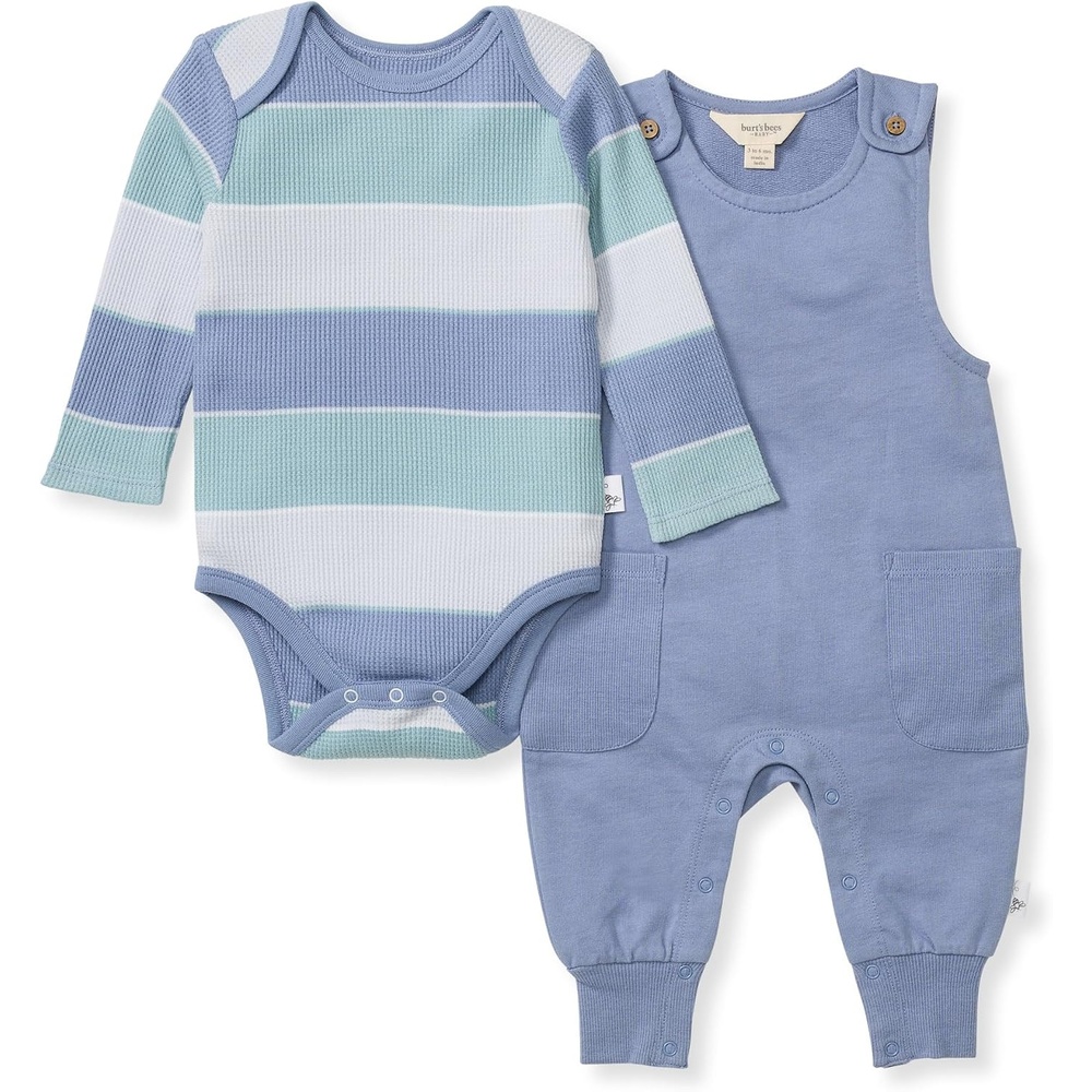 image:imageBurts Bees Baby Jumpsuit 100 Organic Cotton Onepiece Outfit Coverall With HatBlue Stripe Overall Set