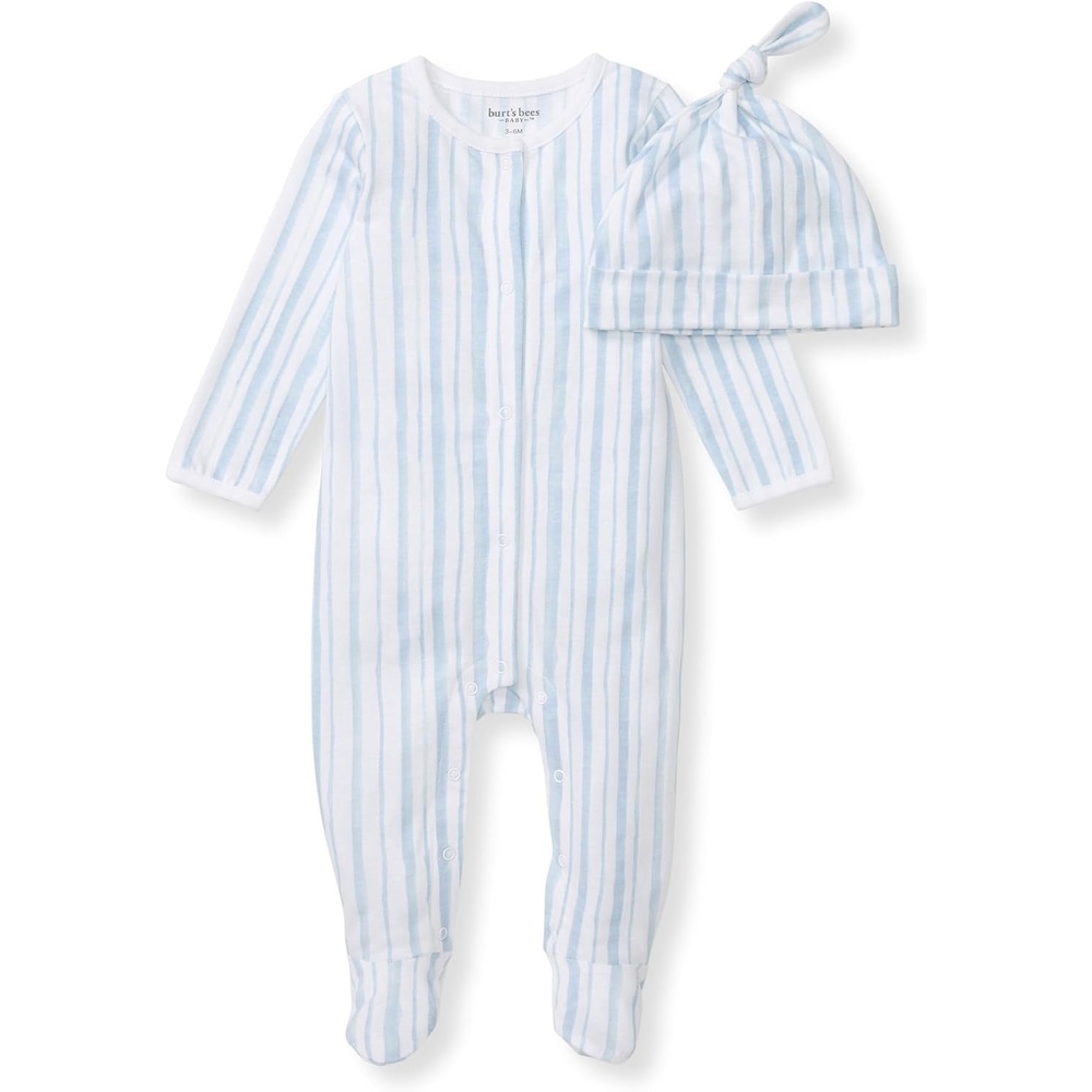 image:imageBurts Bees Baby Jumpsuit 100 Organic Cotton Onepiece Outfit Coverall With HatVertical River Stripe