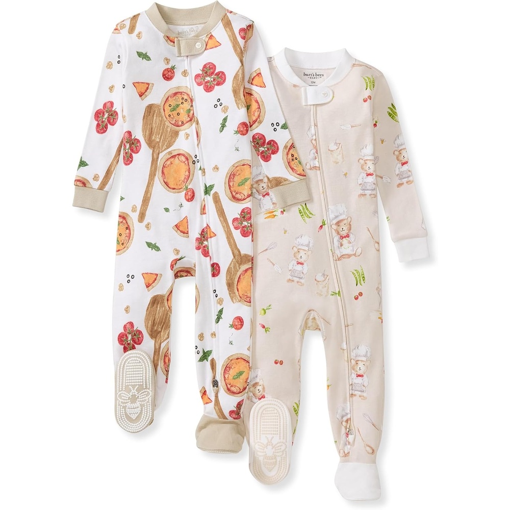 image:imageBurts Bees Baby Organic Cotton Footed Pajamas for Boys Zipper PJ Sleeper Snug Fit Sleepwear with NonSlip Bee GripsChef Bears  Pizza 2pack