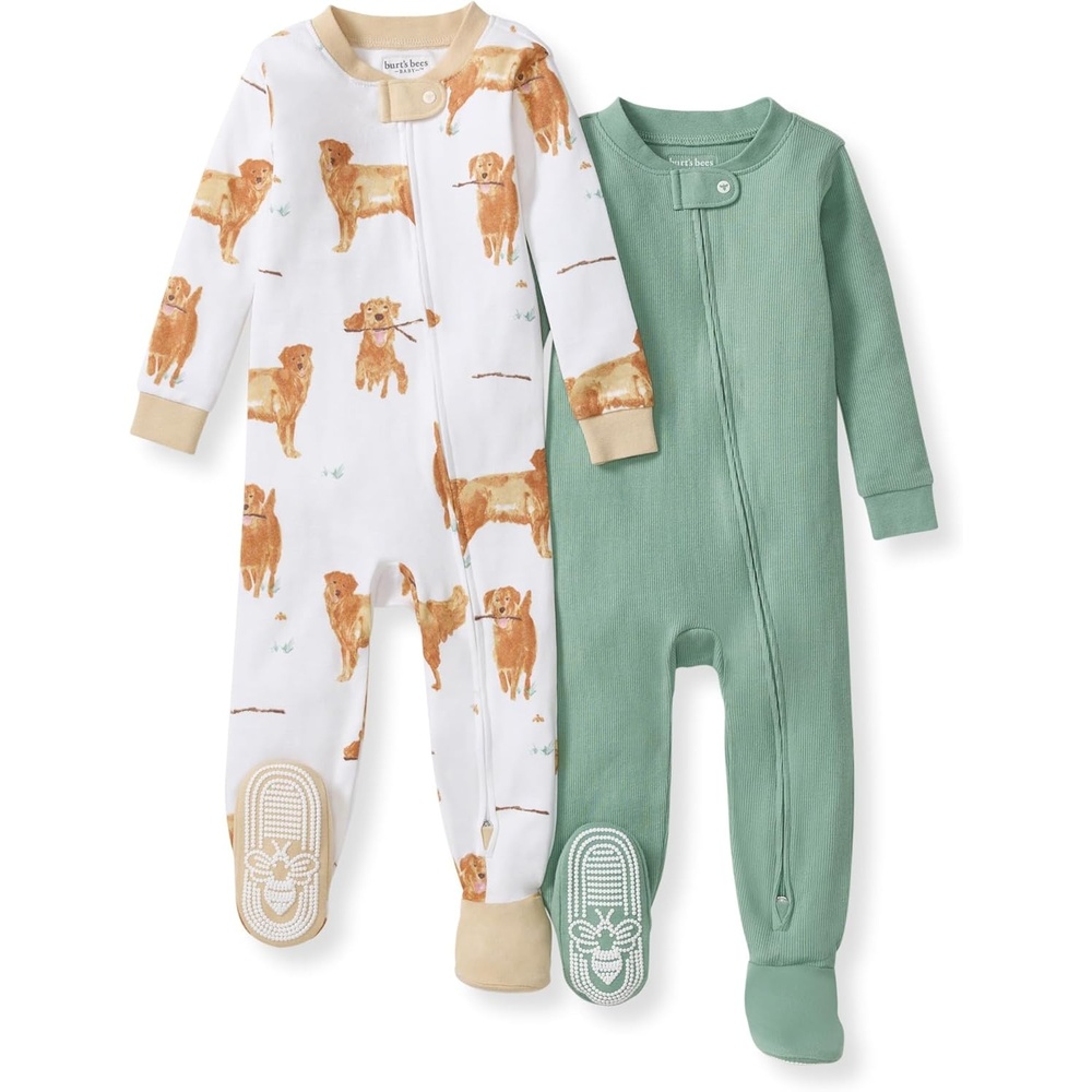 image:imageBurts Bees Baby Organic Cotton Footed Pajamas for Boys Zipper PJ Sleeper Snug Fit Sleepwear with NonSlip Bee GripsGolden Retriever