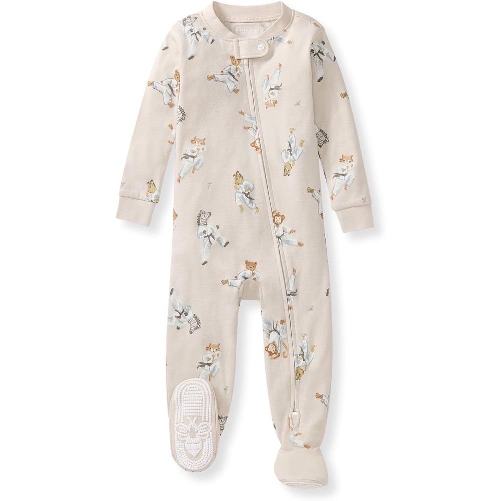 image:imageBurts Bees Baby Organic Cotton Footed Pajamas for Boys Zipper PJ Sleeper Snug Fit Sleepwear with NonSlip Bee GripsKarate Creatures