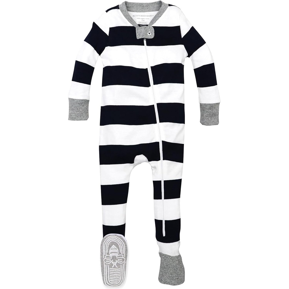image:imageBurts Bees Baby Organic Cotton Footed Pajamas for Boys Zipper PJ Sleeper Snug Fit Sleepwear with NonSlip Bee GripsMidnight Rugby Stripe