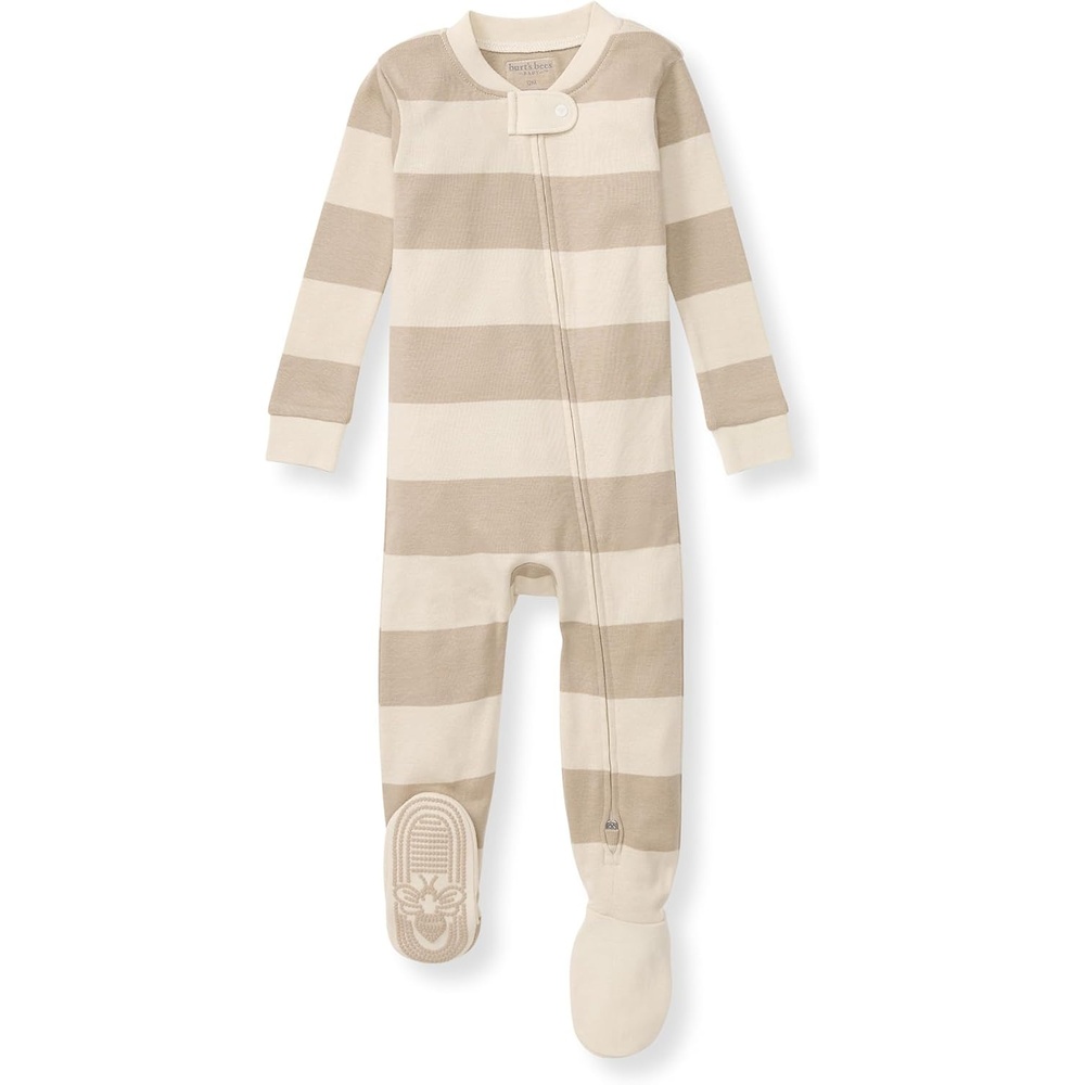 image:imageBurts Bees Baby Organic Cotton Footed Pajamas for Boys Zipper PJ Sleeper Snug Fit Sleepwear with NonSlip Bee GripsOat Rugby Stripe