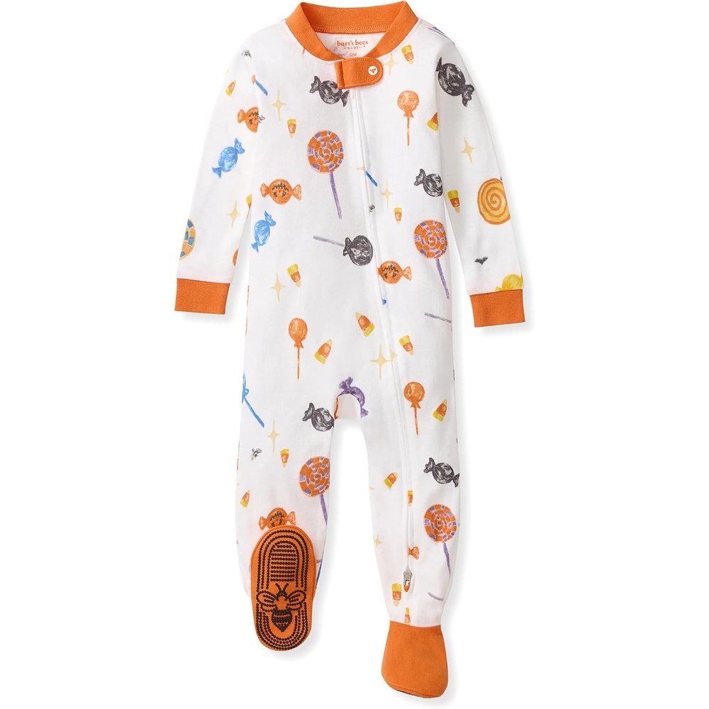 image:imageBurts Bees Baby Organic Cotton Footed Pajamas for Boys Zipper PJ Sleeper Snug Fit Sleepwear with NonSlip Bee GripsScary Sweets 1pack