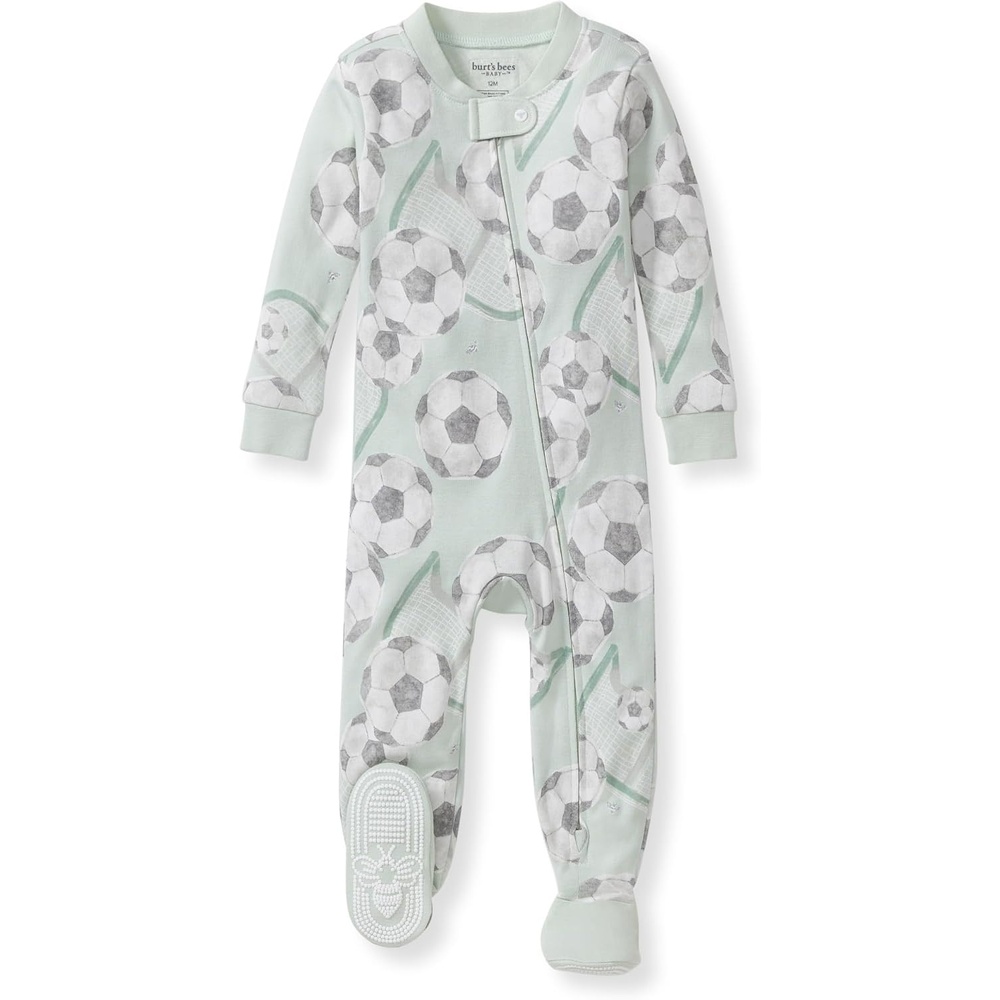 image:imageBurts Bees Baby Organic Cotton Footed Pajamas for Boys Zipper PJ Sleeper Snug Fit Sleepwear with NonSlip Bee GripsSoccer Goal