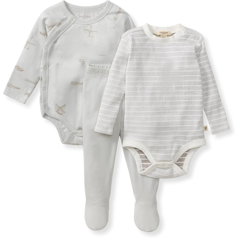 image:imageBurts Bees Baby Unisex 3Piece Bodysuit and Pant Set 100 Organic Cotton Infant OutfitBlue Amsterdam