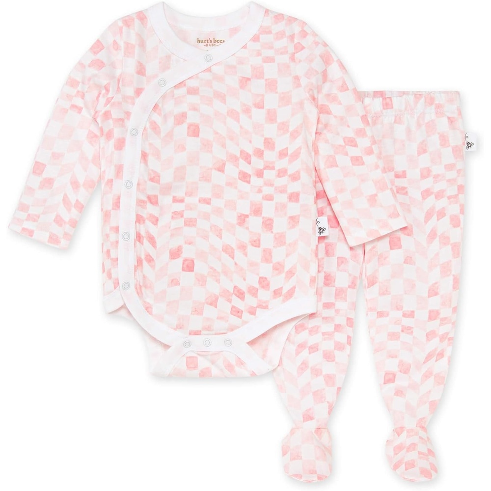 image:imageBurts Bees Baby Unisex Bodysuit and Pant Set 100 Organic CottonPink Wavy Check