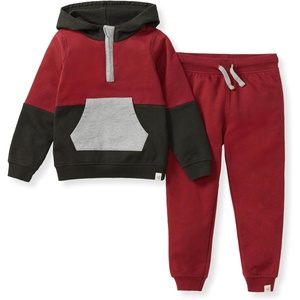 Burt’s Bees Baby Baby Boys’ Hoodie and Pant Set, Top & Bottom Outfit Bundle, 100% Organic Cotton(Brick Colorblocked)