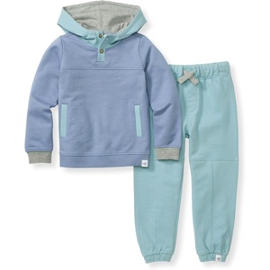 Burt’s Bees Baby Baby Boys’ Hoodie and Pant Set, Top & Bottom Outfit Bundle, 100% Organic Cotton(Indigo Colorblocked Set)
