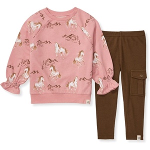 Burt’s Bees Baby Baby Girls Long Sleeve Top and Pant Set, 100% Organic Cotton Outfit(Horse Love Set)