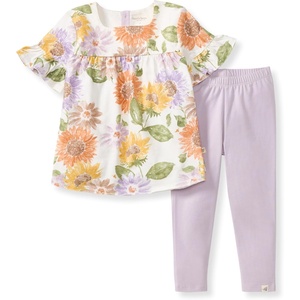 Burt’s Bees Baby Baby Girls’ Short Sleeve Top and Leggings Set, Outfit Bundle, 100% Organic Cotton(Sweet Sunflowers)